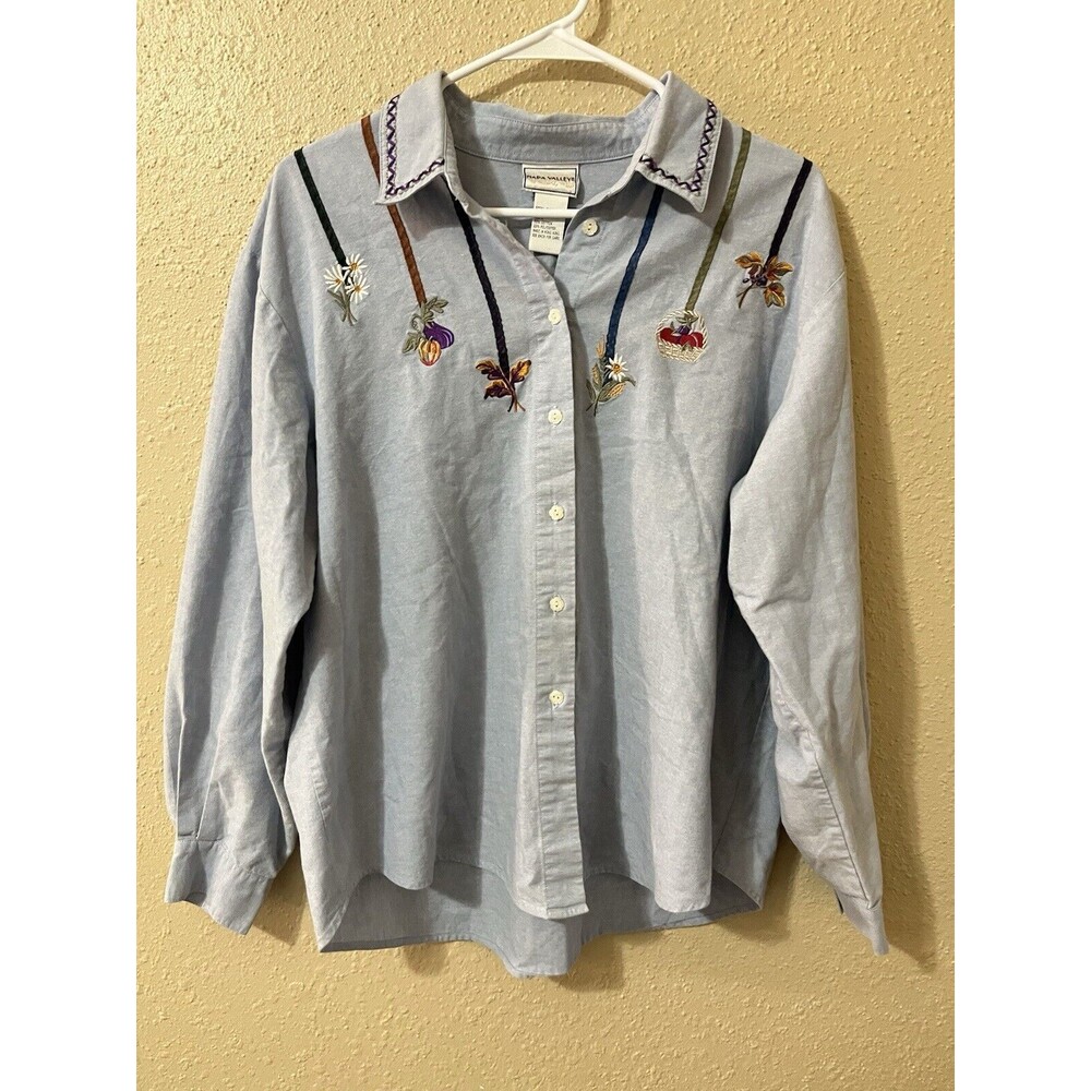 VTG Napa Valley Sz L Embroidered Band Collar Blue Chambray Shirt Blouse Peasant